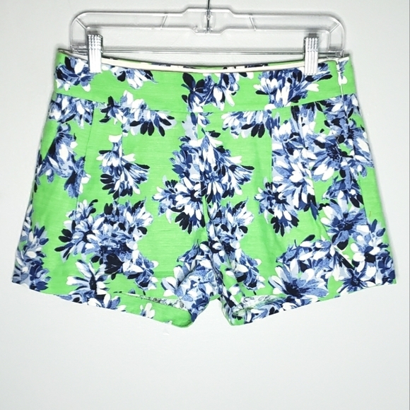 J. Crew Factory Side Zip Green Blue Floral Pleated Dressy Shorts Linen Cotton 2 - Picture 1 of 6